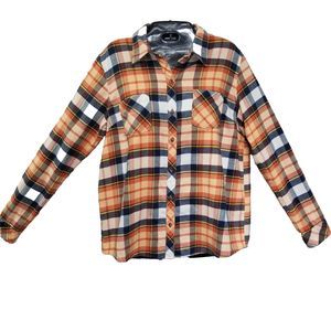 NATURAL REFLECTIONS Womens Medium Plaid Cotton Flannel Button Shirt Orange Blue